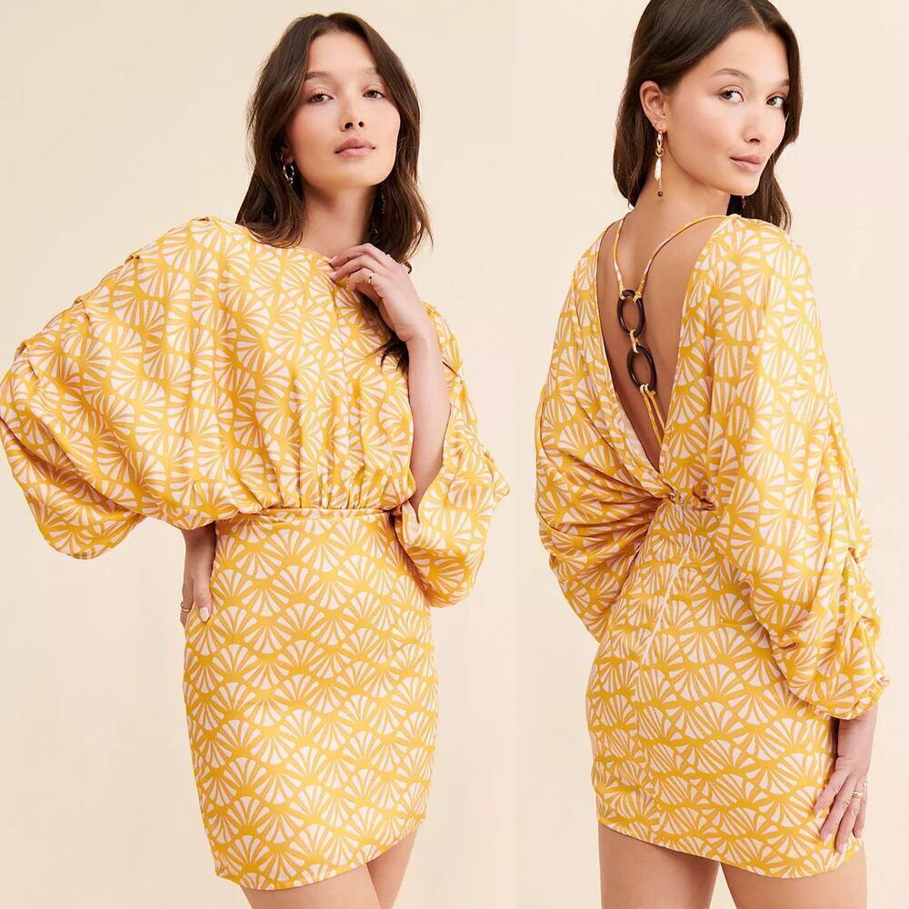 Azulu Olympia Mini Dress Printed Batwing Sleeve Open Back Sheath Yellow XS